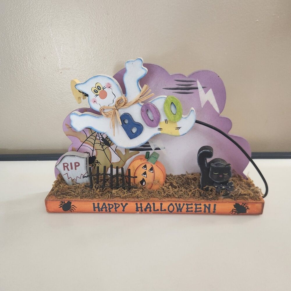 Vintage Wooden Ghost And Black Cat Halloween Decoration